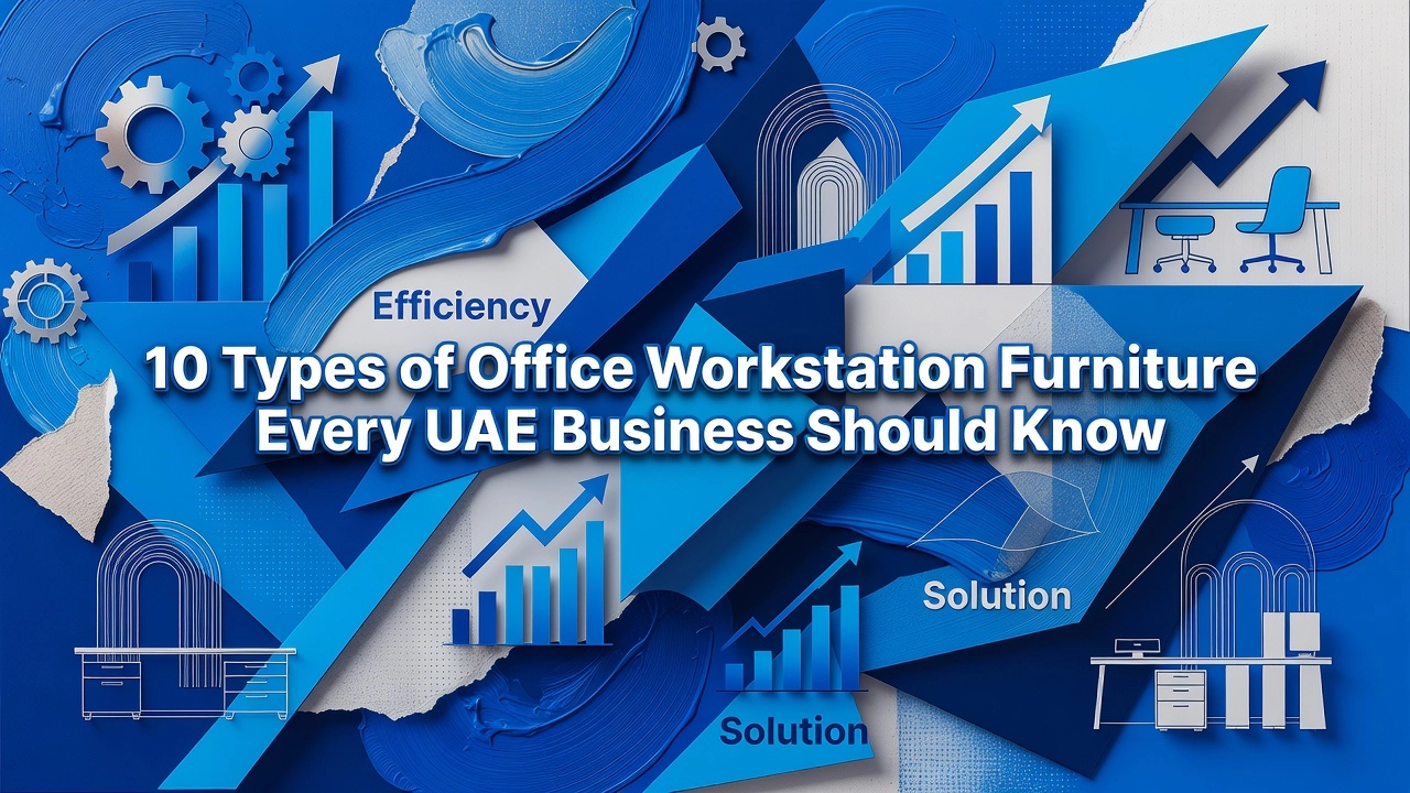 Professional header image for list-based article: 10 Types of Office Workstation Furniture Every UAE Busine...